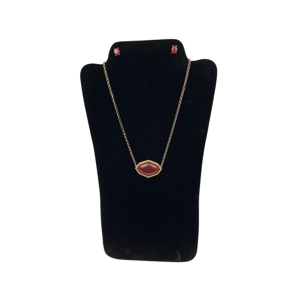 Mia Collection Goldtone Necklace and Earrings Jewelry Set Burgundy Pendant 9 in